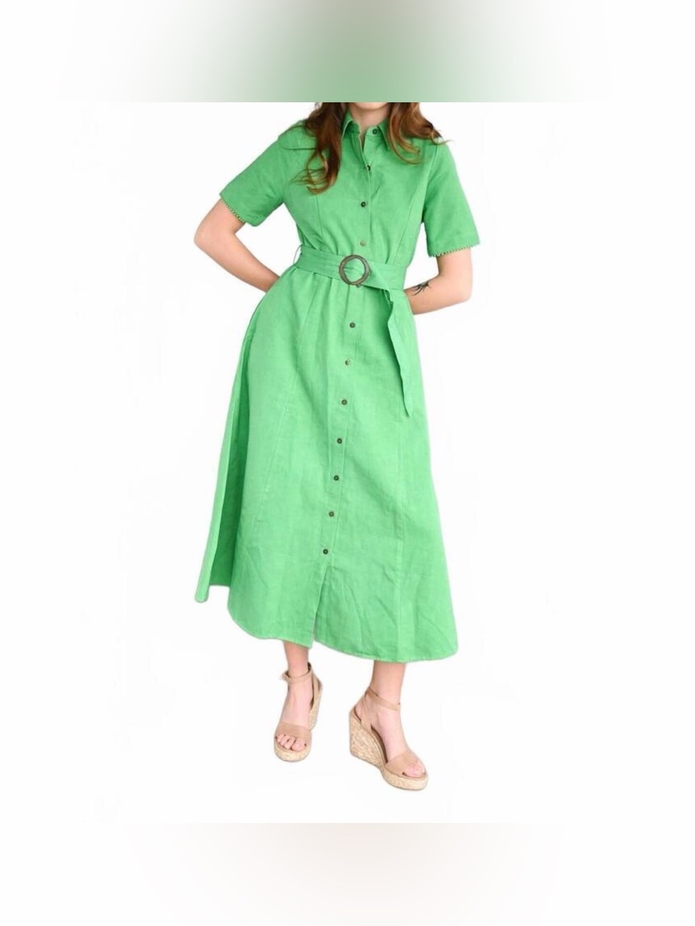 New Never a Wallflower Kelley Green Button-Front Midi Dress with Belt Womens S